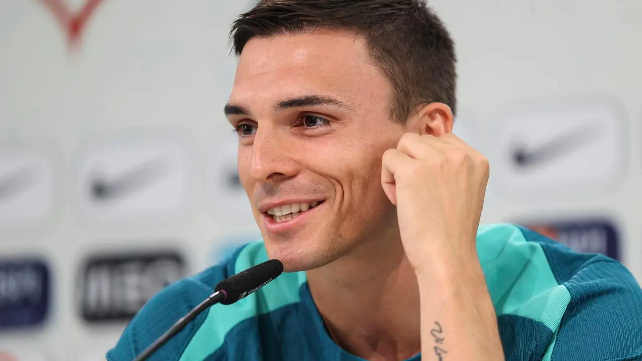 El jugador de Portugal Joao Palhinha en rueda de prensa en Marienfeld, Harsewinkel, Alemania. EFE/EPA/MIGUEL A. LOPES